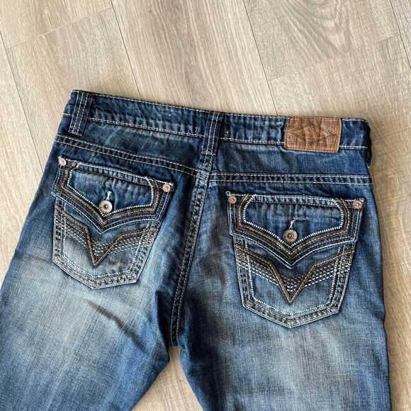 Embroidered Y2K Antique Rivet Jeans Men's 36 x 32 Denim Rocker Flap Pocket Retro - Picture 6 of 7